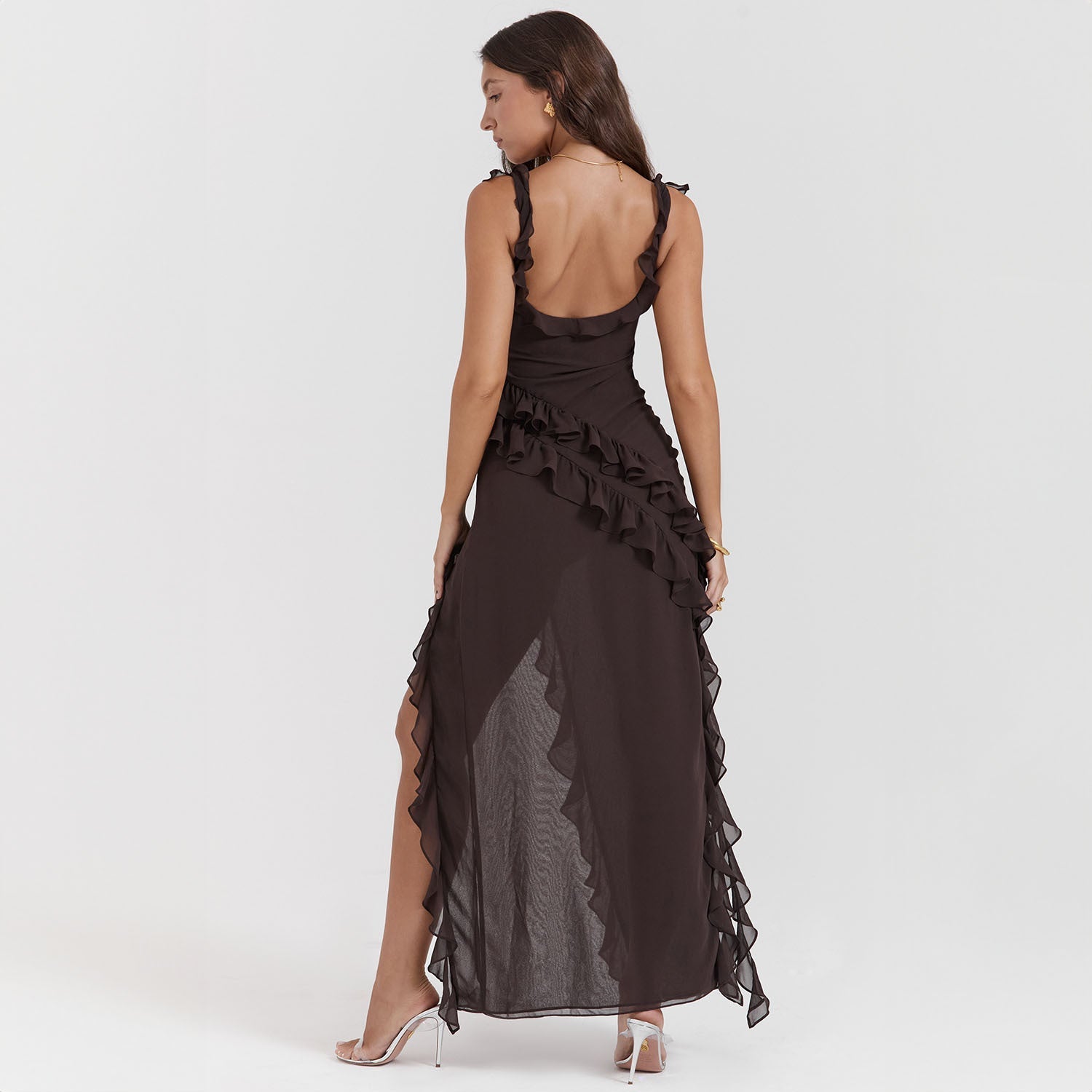 Elegantissimo Vestito Lungo Giorgia con Volant e Sottile Apertura