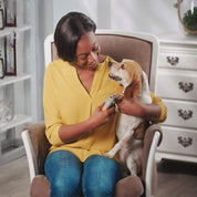 Donna sorridente in poltrona taglia le unghie a un cane Beagle con tagliaunghie elettrico, interni moderni, cura degli animali domestici, benessere canino.