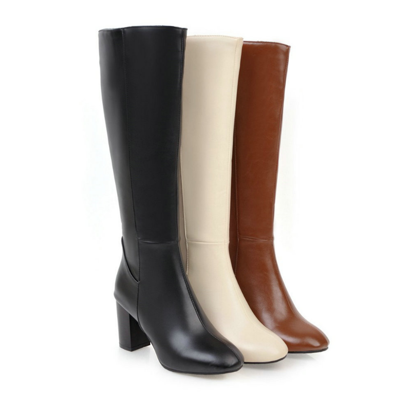 Stivali alti da donna in pelle nera, bianca e marrone, tacco largo, eleganti e alla moda, perfetti per l'autunno e l'inverno.