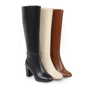 Stivali alti da donna in pelle nera, bianca e marrone, tacco largo, eleganti e alla moda, perfetti per l'autunno e l'inverno.