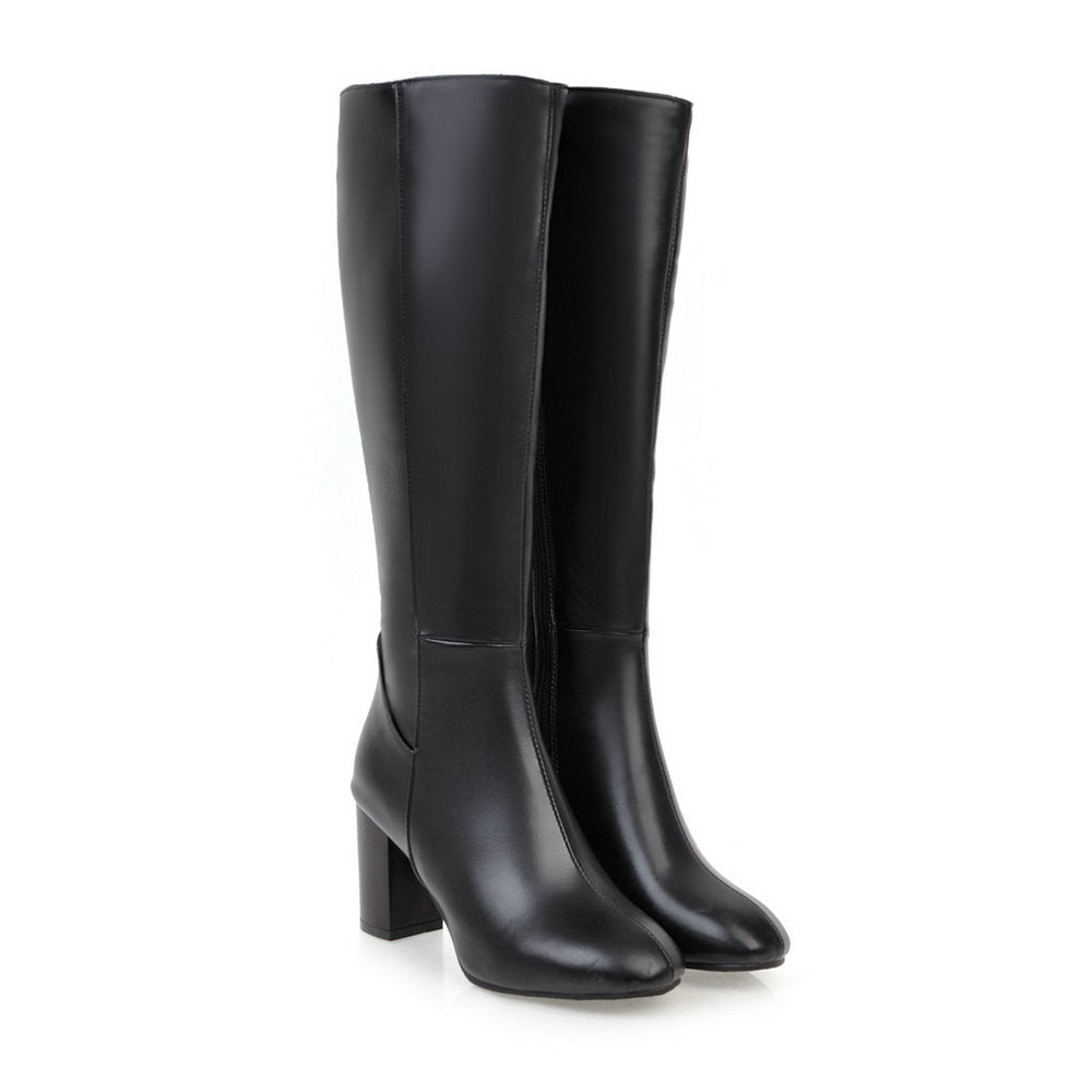 Stivali alti neri in pelle sintetica con tacco quadrato, design elegante e moderno, ideali per moda autunno-inverno, calzature donna.