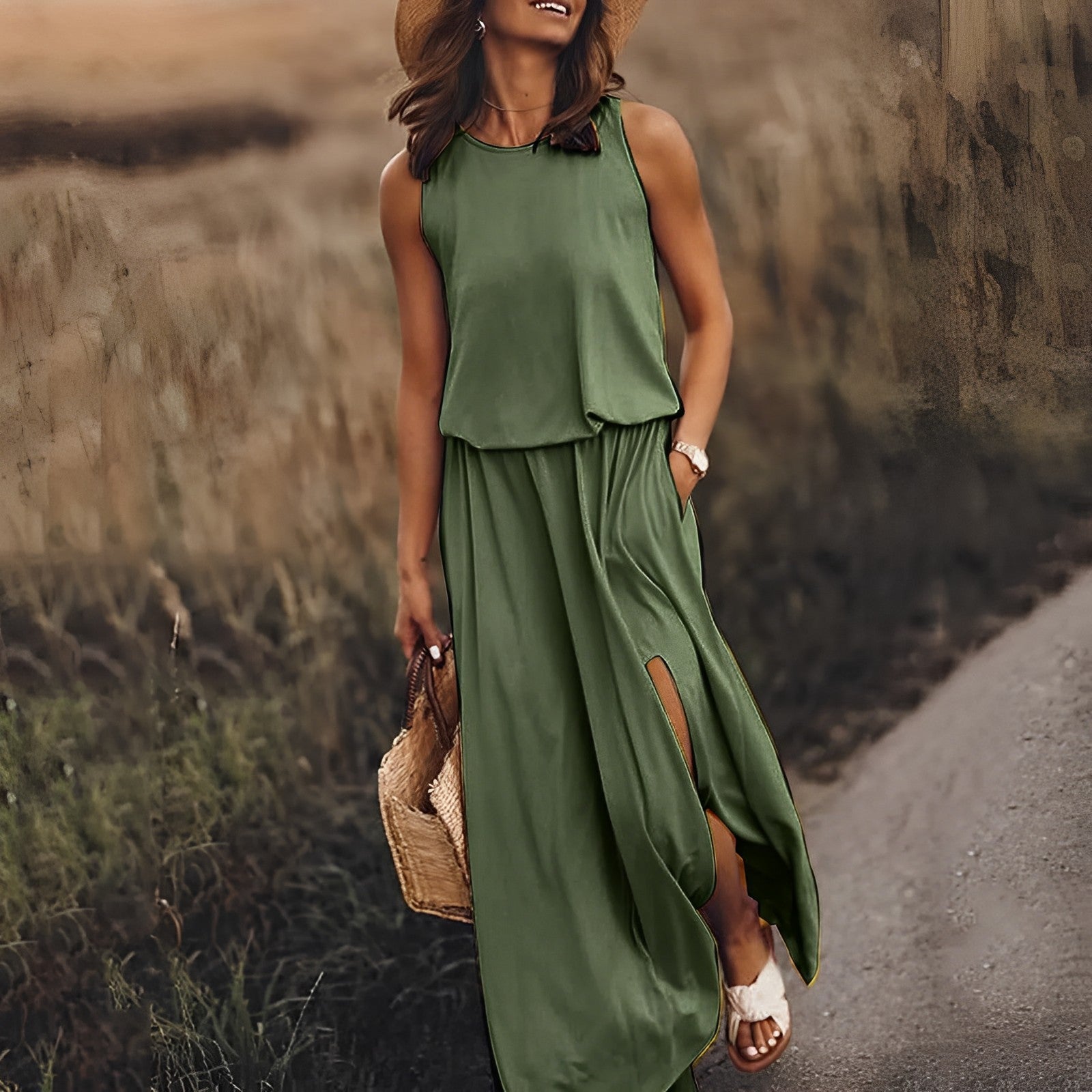 Donna con abito lungo verde estivo, cappello di paglia e borsa intrecciata, cammina su un sentiero. Moda estiva, abbigliamento casual elegante.
