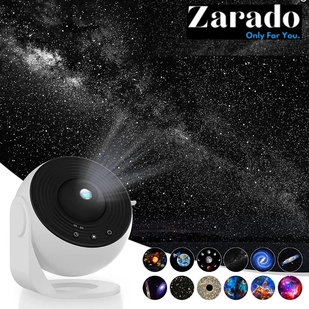 Proiettore stelle LED Zarado, design moderno bianco, proiezioni galassia e cielo stellato, ideale per decorazioni casa e relax.