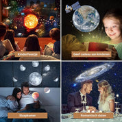 Quattro scene: bambini con proiettore spaziale, regalo educativo, coppia in camera da letto, cena romantica sotto galassia. Proiettore stelle LED.