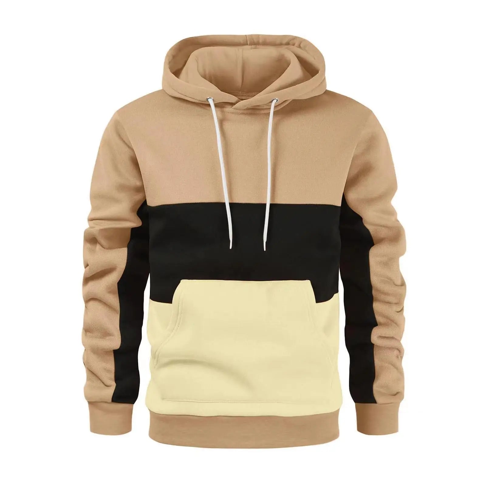 Felpa con cappuccio a blocchi di colore beige, nero e crema, tasca frontale, cordini bianchi. Moda casual uomo, abbigliamento autunnale.
