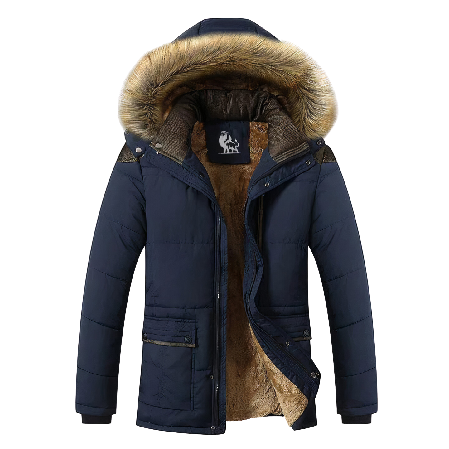 Giacca invernale uomo blu con cappuccio in pelliccia sintetica, imbottitura calda, chiusura zip, tasche multiple. Ideale per climi freddi.