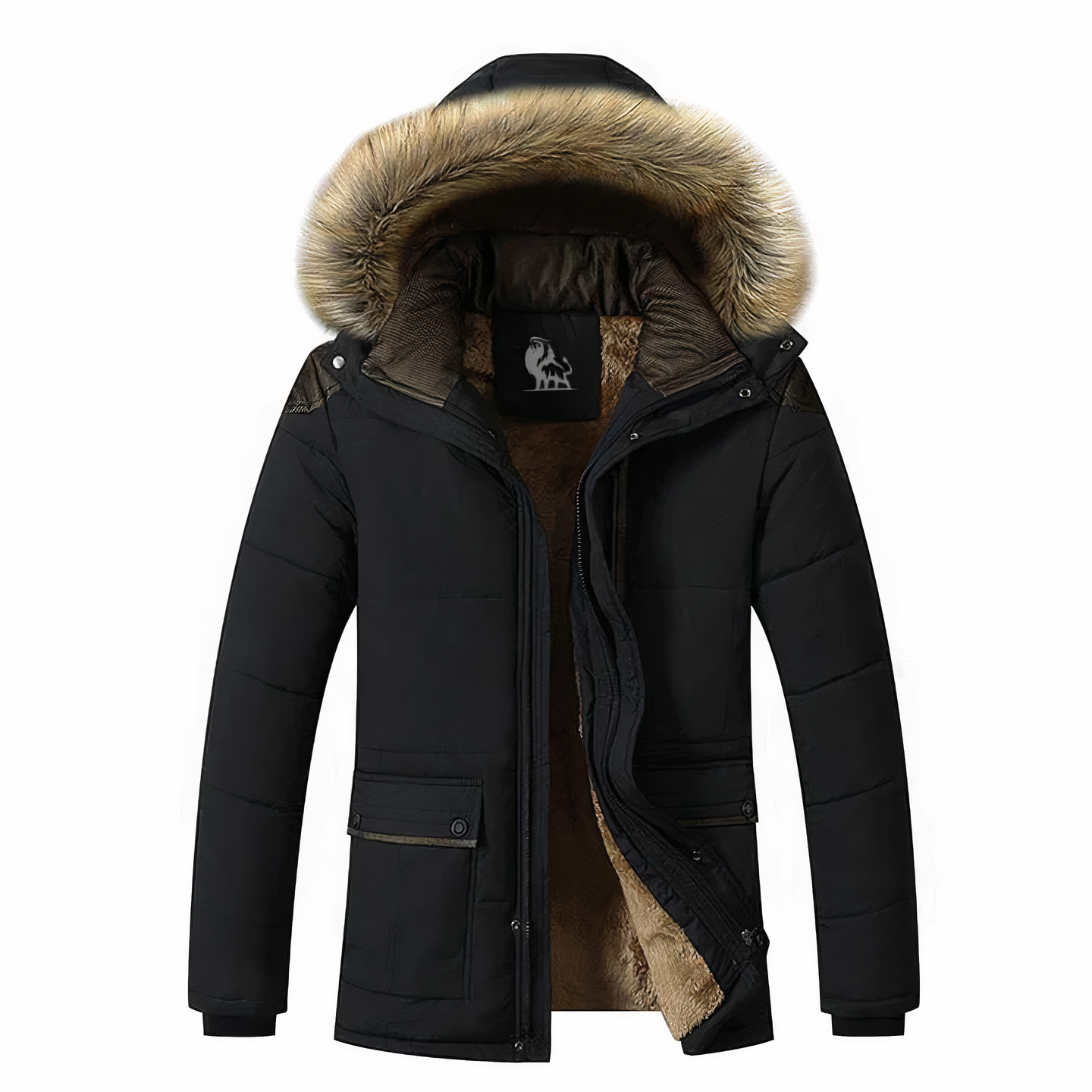 Giacca invernale nera da uomo con cappuccio in pelliccia sintetica, imbottitura calda, chiusura a zip, tasche frontali. Ideale per climi freddi.