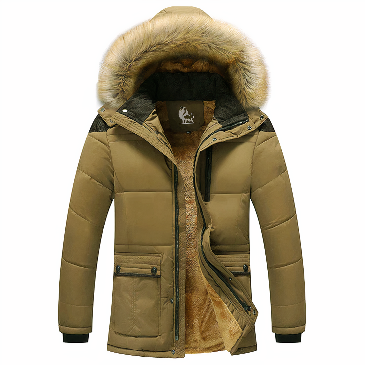 Giacca invernale da uomo con cappuccio in pelliccia sintetica, colore marrone, imbottitura calda, chiusura a zip, tasche frontali. Perfetta per climi freddi.