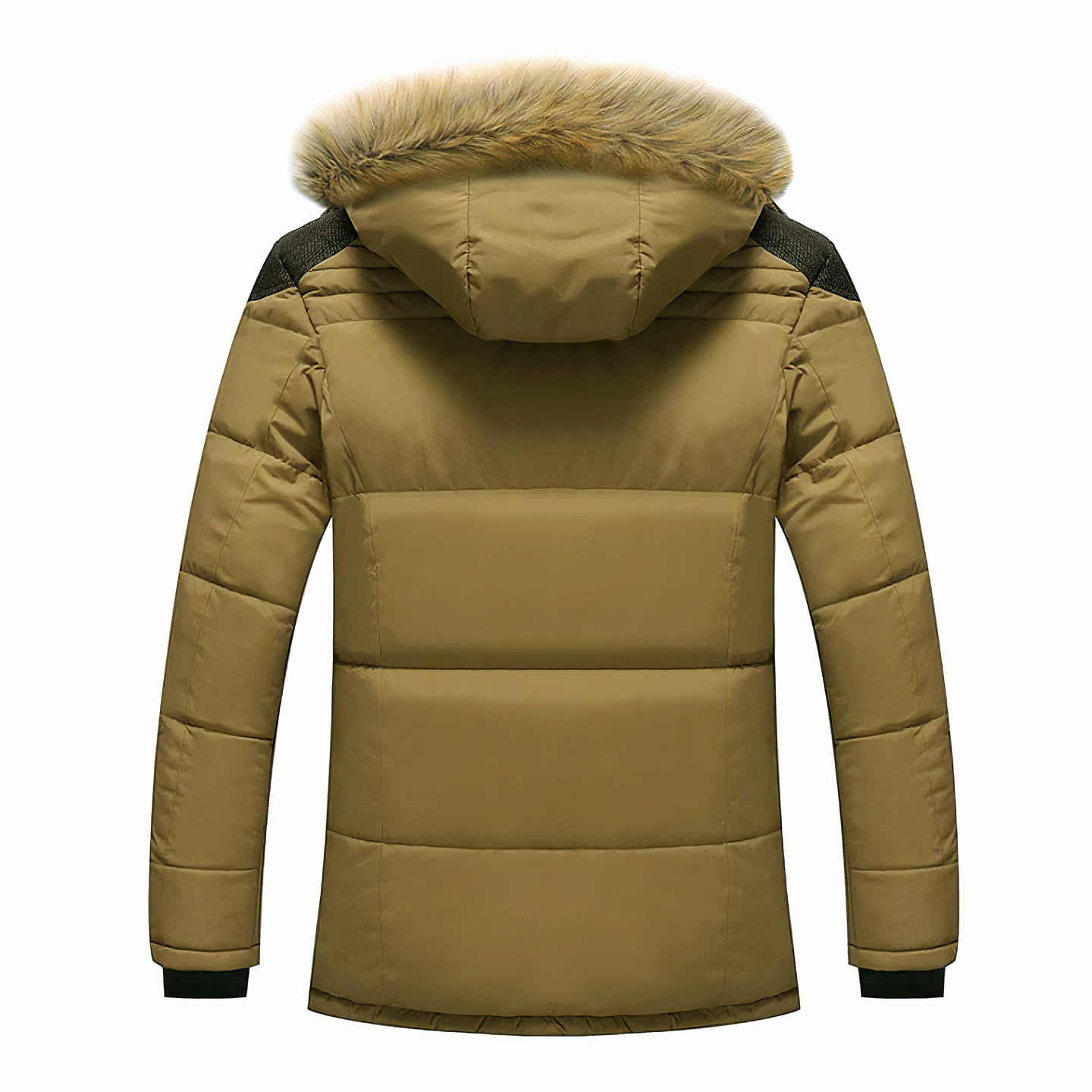 Giacca invernale uomo, colore marrone, con cappuccio foderato in pelliccia sintetica. Design trapuntato, ideale per climi freddi.