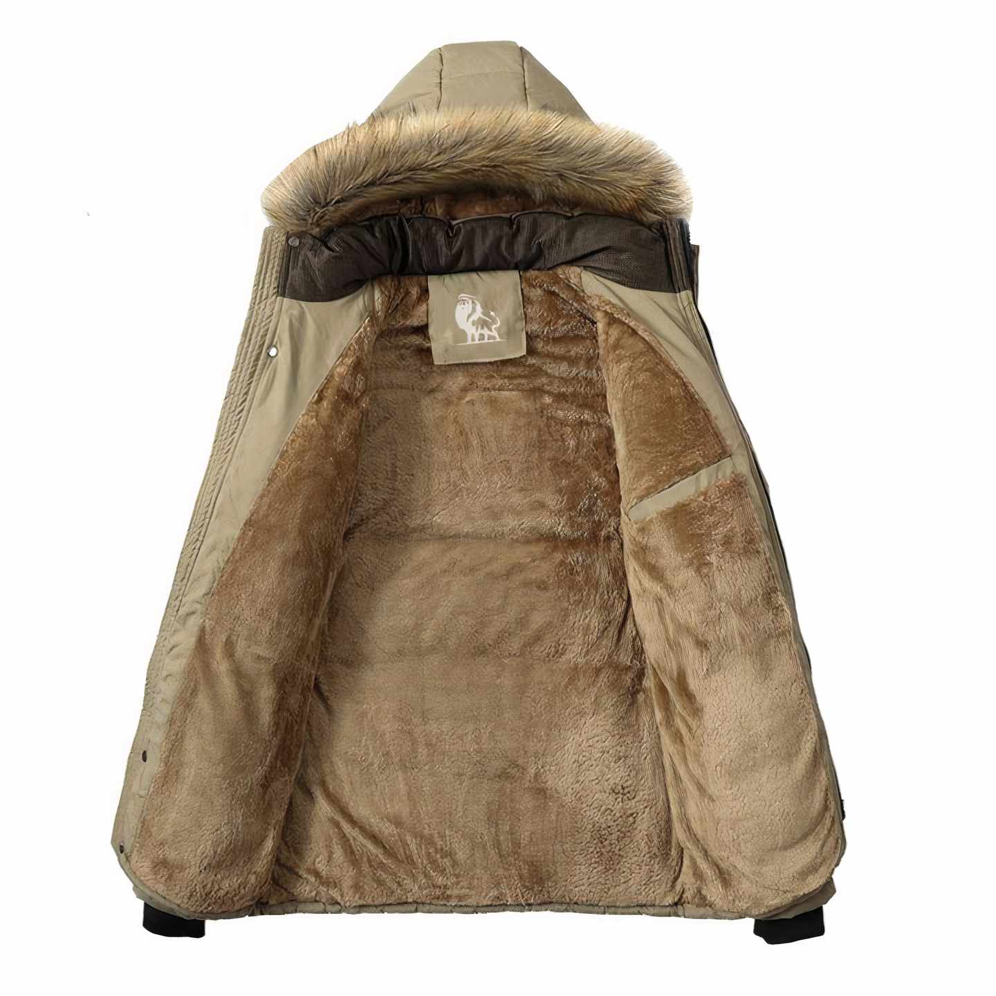 Giacca invernale beige con cappuccio, interno in pelliccia sintetica marrone, ideale per climi freddi. Design elegante e caldo, perfetto per l'inverno.