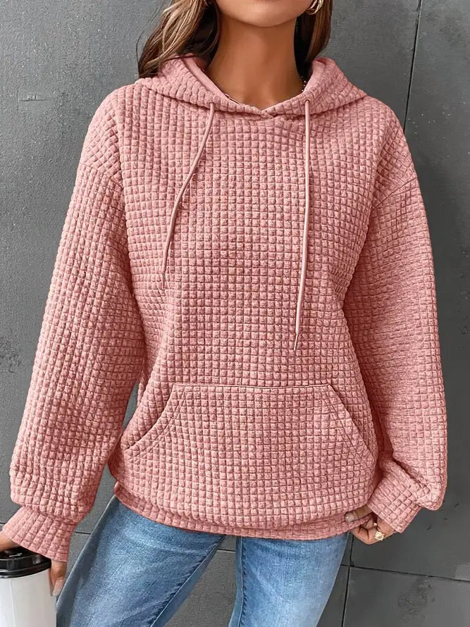 Felpa donna rosa con cappuccio, tessuto a quadri, tasca frontale, maniche lunghe, stile casual. Perfetta per moda autunnale e invernale.