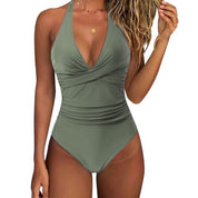 Costume intero verde oliva da donna, scollo a V profondo, design incrociato, elegante e alla moda, perfetto per la spiaggia o la piscina.