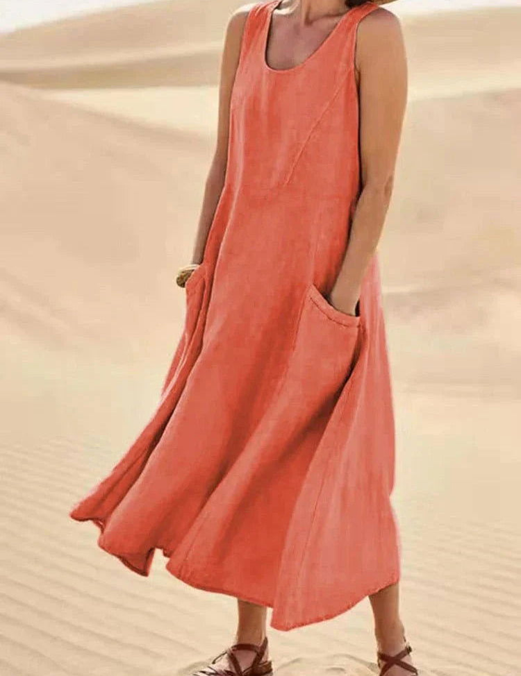 Effortless Chic: Linen Maxi Dress with Convenient Pockets - Lizabella Fashion -  -  - Effortless Chic: Linen Maxi Dress with Convenient Pockets - Lizabella Fashion - #tag1# - #tag2#