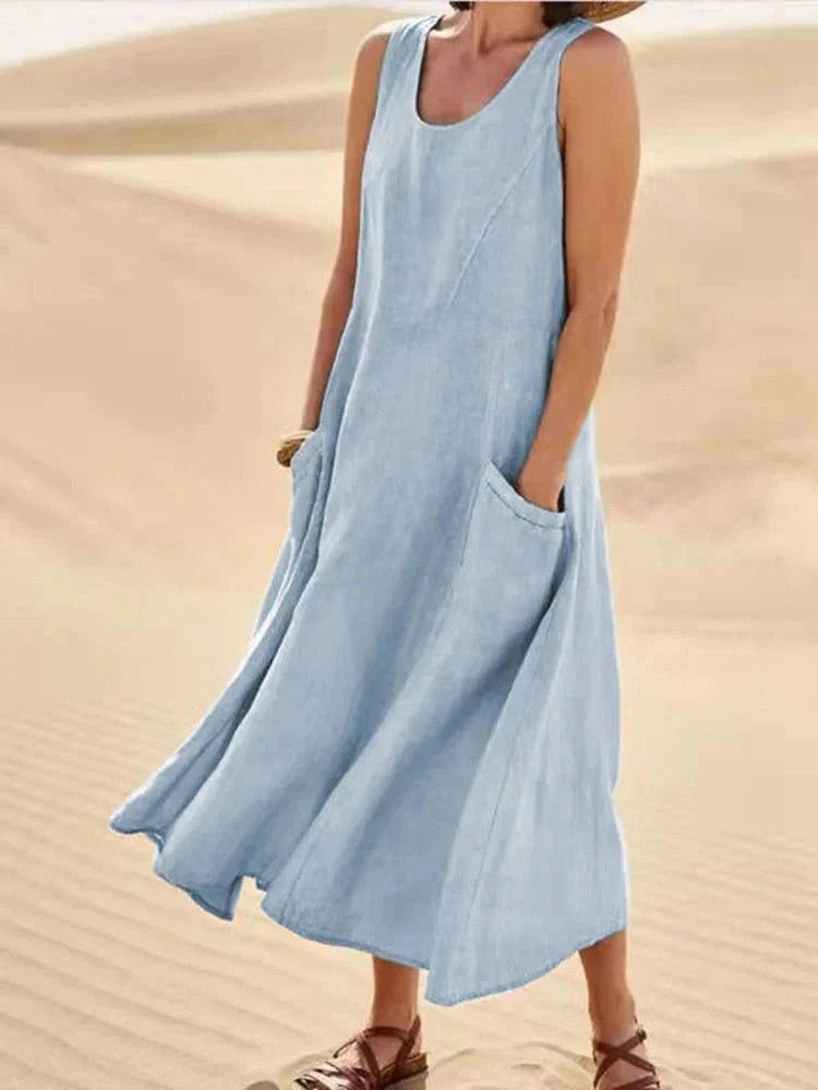 Effortless Chic: Linen Maxi Dress with Convenient Pockets - Lizabella Fashion -  -  - Effortless Chic: Linen Maxi Dress with Convenient Pockets - Lizabella Fashion - #tag1# - #tag2#