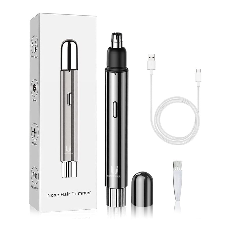 Tagliapeli naso elettrico in acciaio inox con confezione, cavo USB e spazzola. Rasoio sicuro e preciso per la cura personale maschile e femminile.