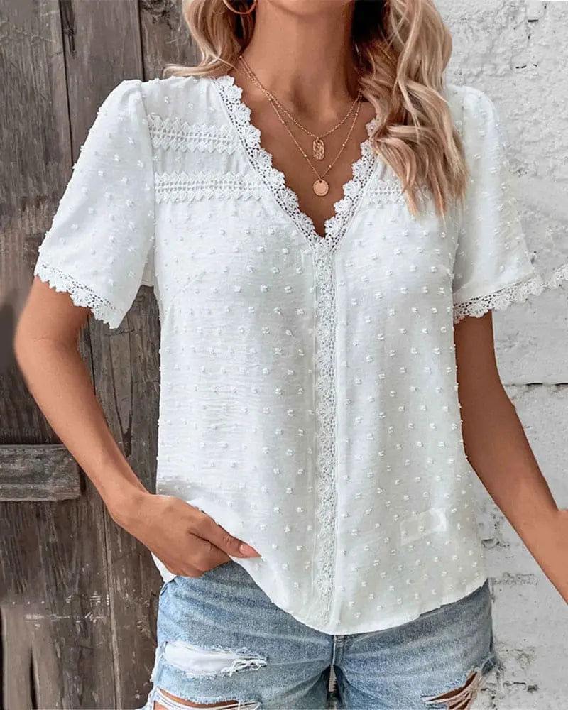 Elegant ZOE V-Neck Lace Blouse with Short Sleeves - Lizabella Fashion -  -  - Elegant ZOE V-Neck Lace Blouse with Short Sleeves - Lizabella Fashion - #tag1# - #tag2#