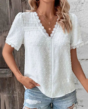 Elegant ZOE V-Neck Lace Blouse with Short Sleeves - Lizabella Fashion -  -  - Elegant ZOE V-Neck Lace Blouse with Short Sleeves - Lizabella Fashion - #tag1# - #tag2#