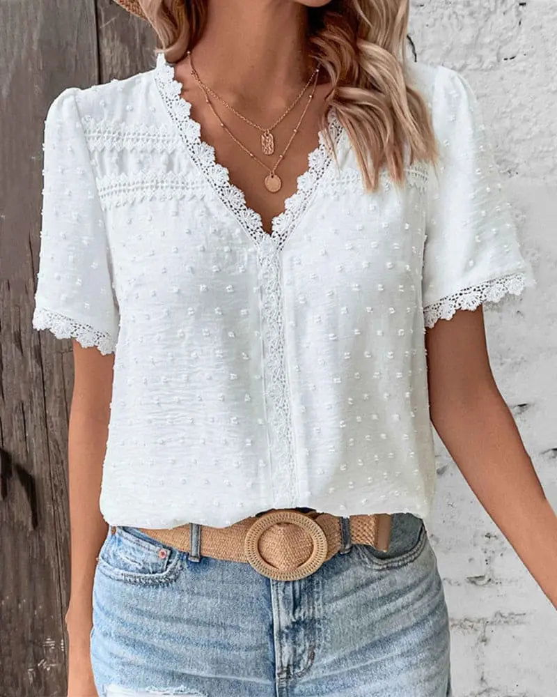Elegant ZOE V-Neck Lace Blouse with Short Sleeves - Lizabella Fashion -  -  - Elegant ZOE V-Neck Lace Blouse with Short Sleeves - Lizabella Fashion - #tag1# - #tag2#