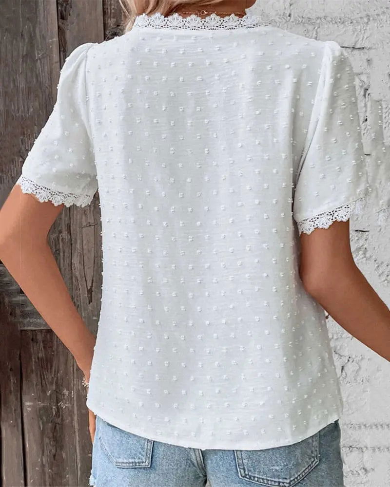 Elegant ZOE V-Neck Lace Blouse with Short Sleeves - Lizabella Fashion -  -  - Elegant ZOE V-Neck Lace Blouse with Short Sleeves - Lizabella Fashion - #tag1# - #tag2#