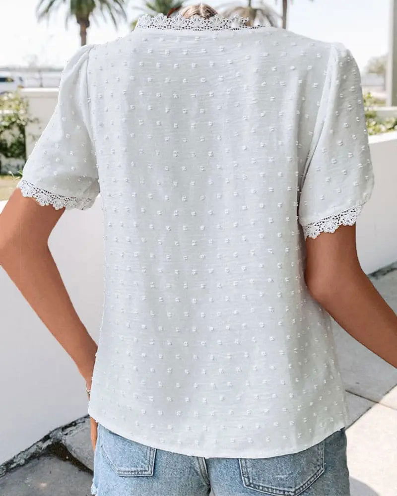 Elegant ZOE V-Neck Lace Blouse with Short Sleeves - Lizabella Fashion -  -  - Elegant ZOE V-Neck Lace Blouse with Short Sleeves - Lizabella Fashion - #tag1# - #tag2#