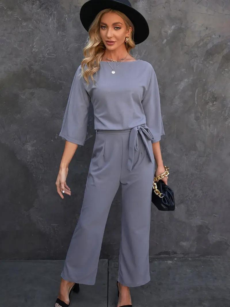  Tuta per lino femminile - gamba larga - vita con cintura - manica a tre quarti eleganti-5