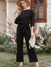  Tuta per lino femminile - gamba larga - vita con cintura - manica a tre quarti eleganti-1