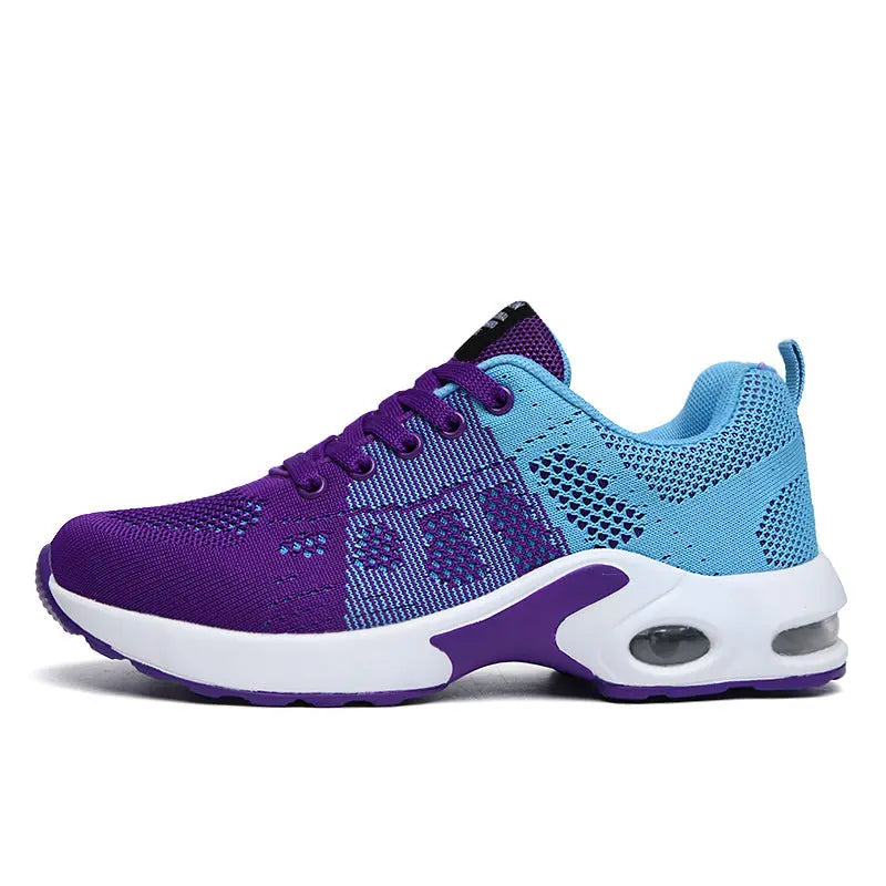 Scarpe da ginnastica unisex viola e azzurre, design traspirante, suola ammortizzata, ideali per corsa e sport. Sneakers moda comode e leggere.