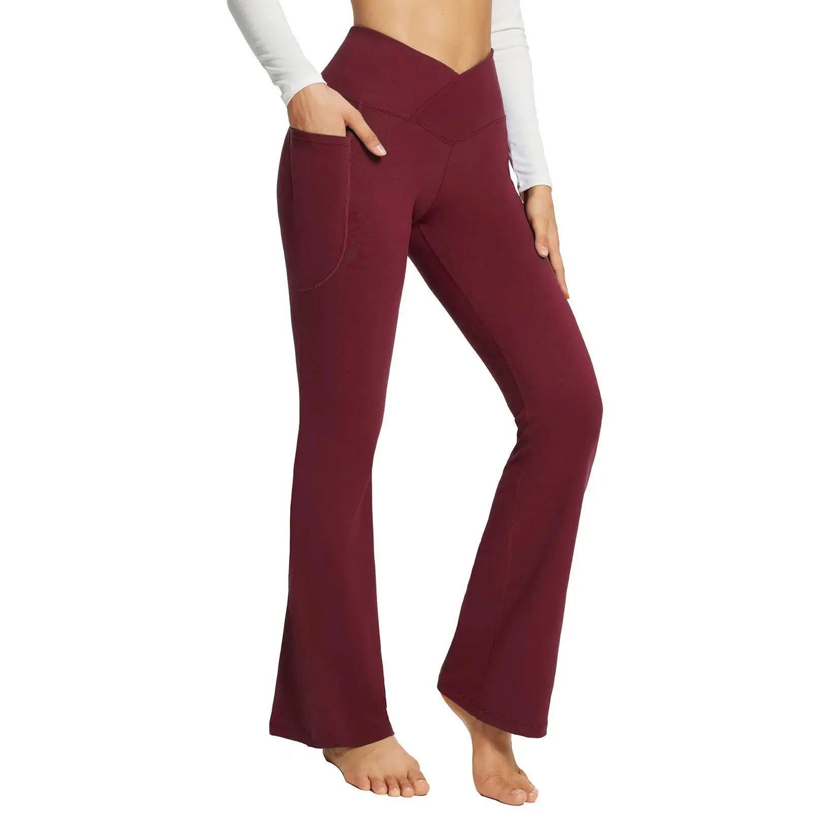 Pantaloni yoga a zampa bordeaux con tasche, vita alta, donna, abbigliamento sportivo, comodi ed elastici, perfetti per fitness e allenamento.