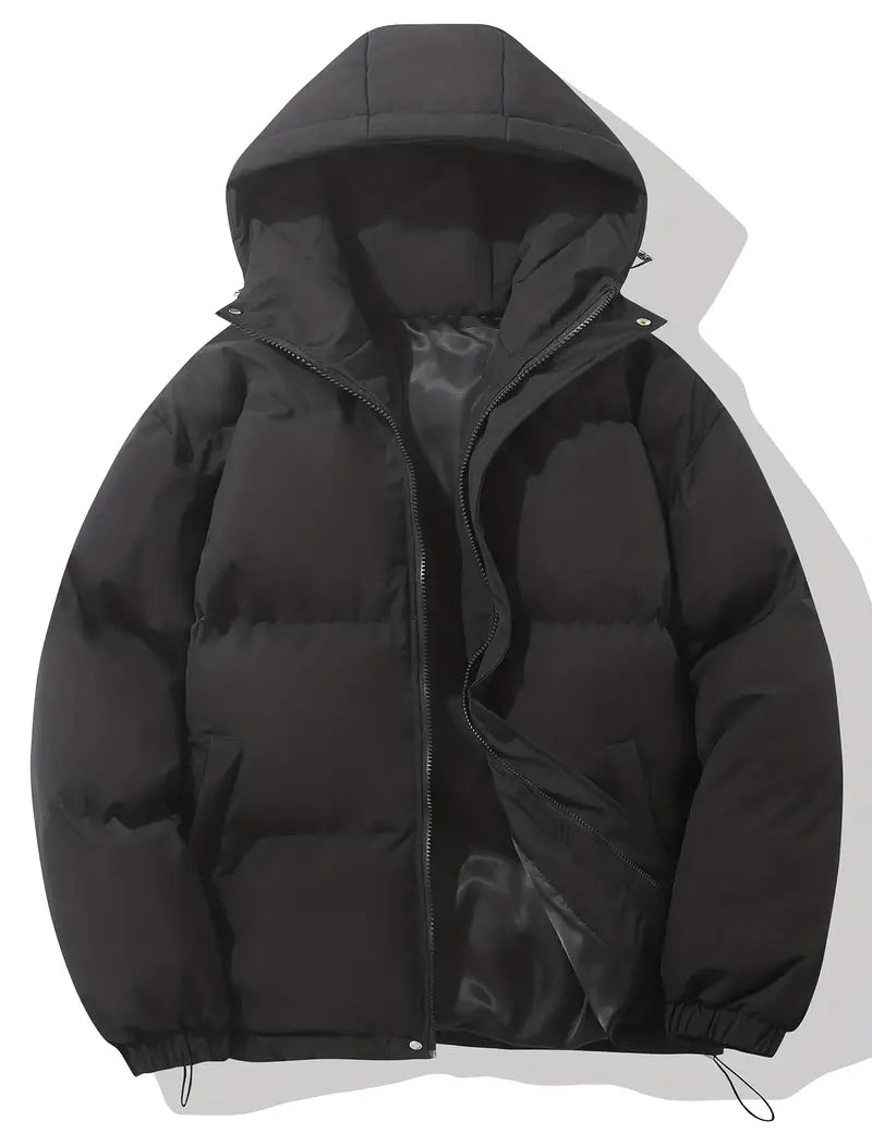 Giacca invernale nera imbottita con cappuccio, design trapuntato, chiusura a zip, ideale per uomo, moda casual, abbigliamento caldo e resistente.