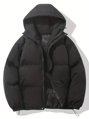 Giacca invernale nera imbottita con cappuccio, design trapuntato, chiusura a zip, ideale per uomo, moda casual, abbigliamento caldo e resistente.