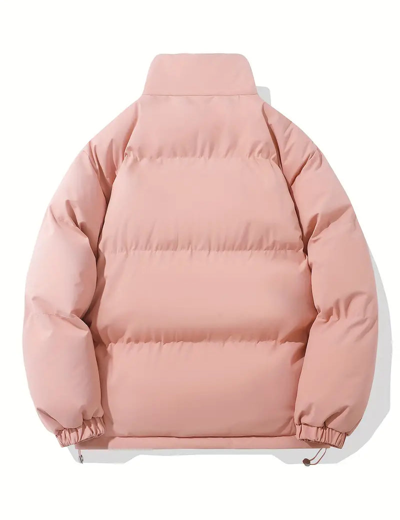 Giacca piumino rosa donna, imbottita, maniche lunghe, chiusura zip, collo alto, stile casual, moda invernale, tessuto resistente.