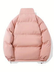 Giacca piumino rosa donna, imbottita, maniche lunghe, chiusura zip, collo alto, stile casual, moda invernale, tessuto resistente.