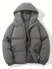 Giacca invernale imbottita grigia con cappuccio, zip frontale e tasche laterali. Ideale per uomo, moda casual, abbigliamento caldo.
