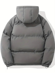 Giacca invernale imbottita grigia con cappuccio, design moderno, ideale per climi freddi. Perfetta per uomo, stile casual e confortevole.