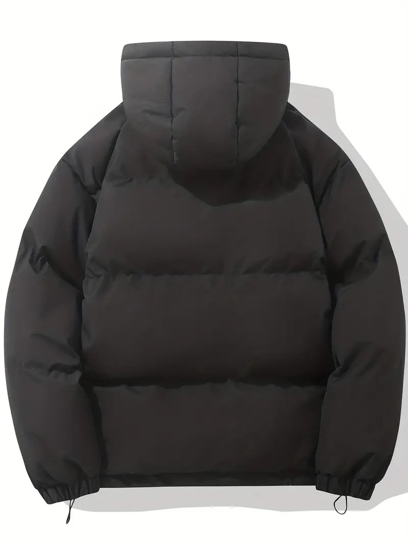 Giacca invernale imbottita nera con cappuccio, design trapuntato, maniche lunghe, ideale per uomo, moda casual, calda e resistente.