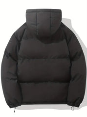 Giacca invernale imbottita nera con cappuccio, design trapuntato, maniche lunghe, ideale per uomo, moda casual, calda e resistente.