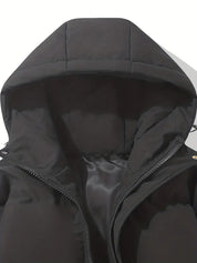 Giacca invernale nera con cappuccio imbottito, chiusura a zip, design moderno. Ideale per uomo, moda inverno, abbigliamento caldo e confortevole.
