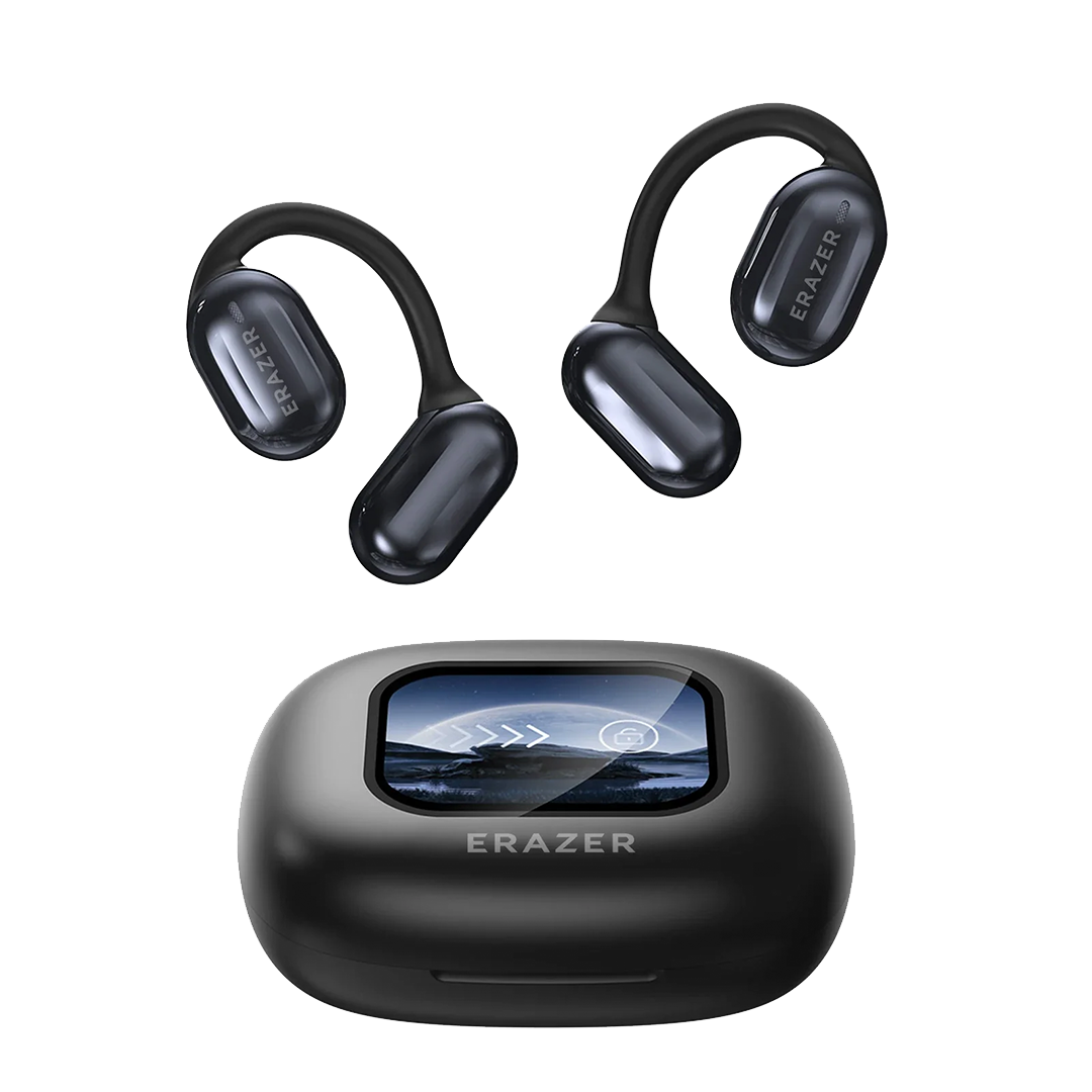 Auricolari wireless neri con custodia di ricarica, design ergonomico, display LED, marchio ERAZER. Accessori audio moderni e portatili.