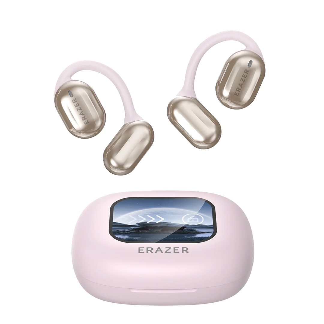 Auricolari wireless rosa con custodia di ricarica, design ergonomico, marchio Erazer, tecnologia Bluetooth avanzata, display digitale.