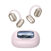 Auricolari wireless rosa con custodia di ricarica, design ergonomico, marchio Erazer, tecnologia Bluetooth avanzata, display digitale.
