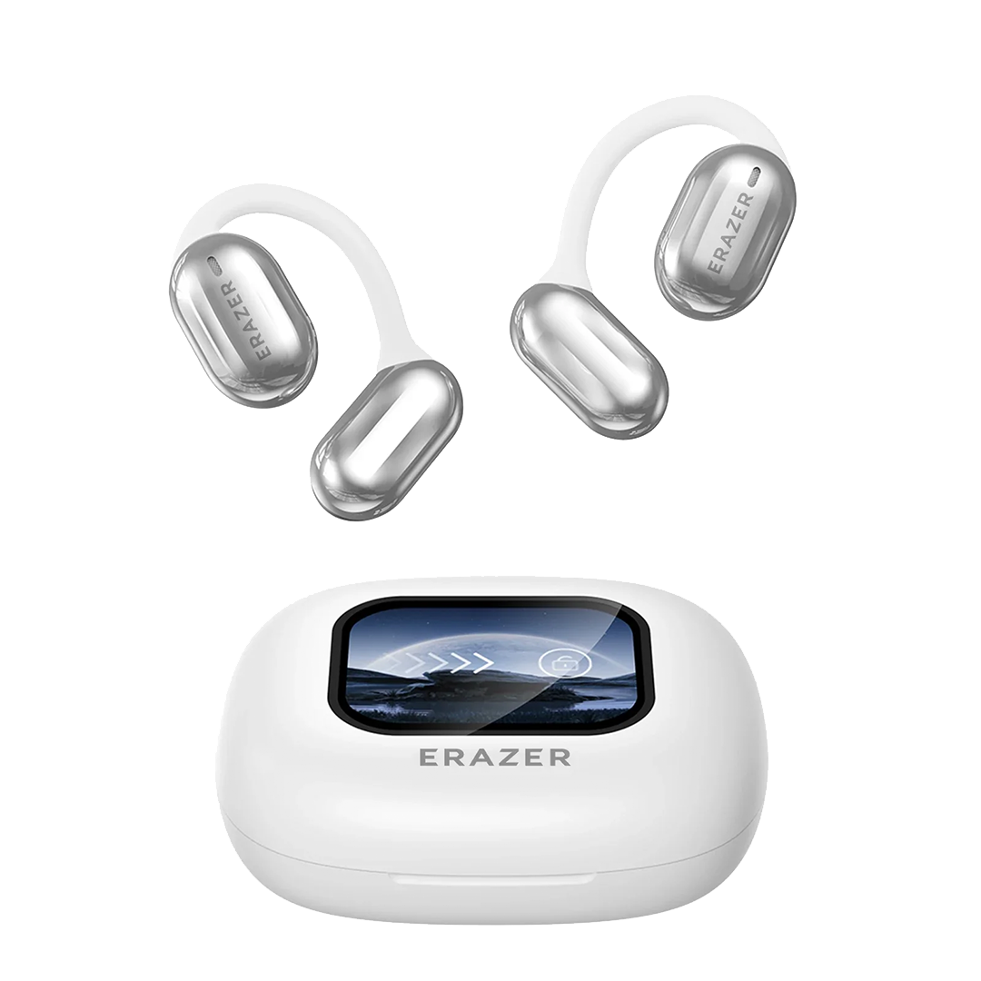 Auricolari wireless bianchi con custodia di ricarica, display digitale, design ergonomico, marchio ERAZER. Accessori audio moderni e portatili.