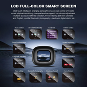 Schermo LCD a colori per smart device con controllo volume, personalizzazione suono, Bluetooth, impostazioni orario, luminosità e lingua.
