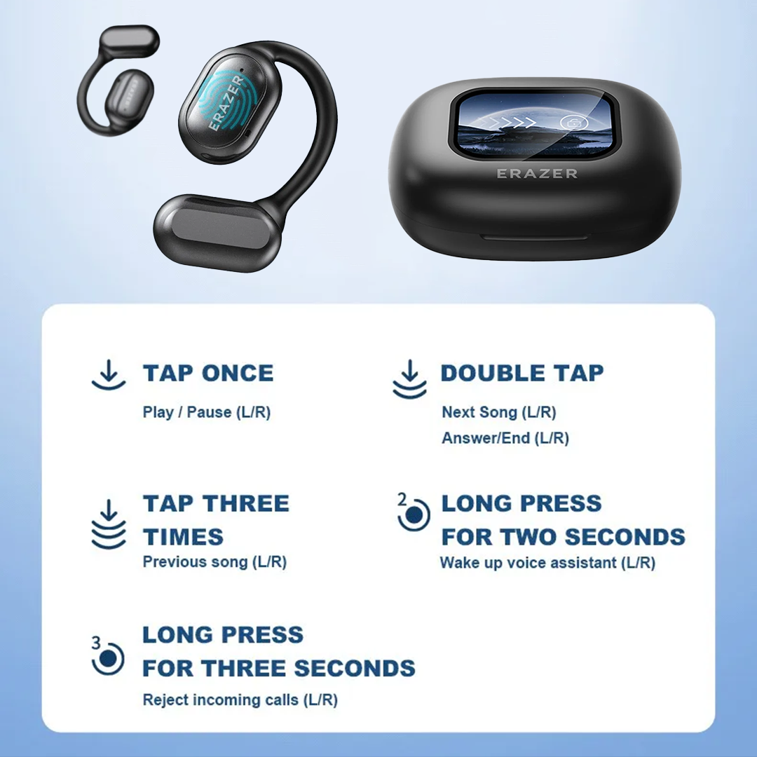 Auricolari wireless neri con custodia di ricarica, controlli touch per riproduzione musicale, assistente vocale e gestione chiamate.