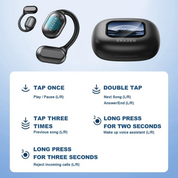 Auricolari wireless neri con custodia di ricarica, controlli touch per riproduzione musicale, assistente vocale e gestione chiamate.