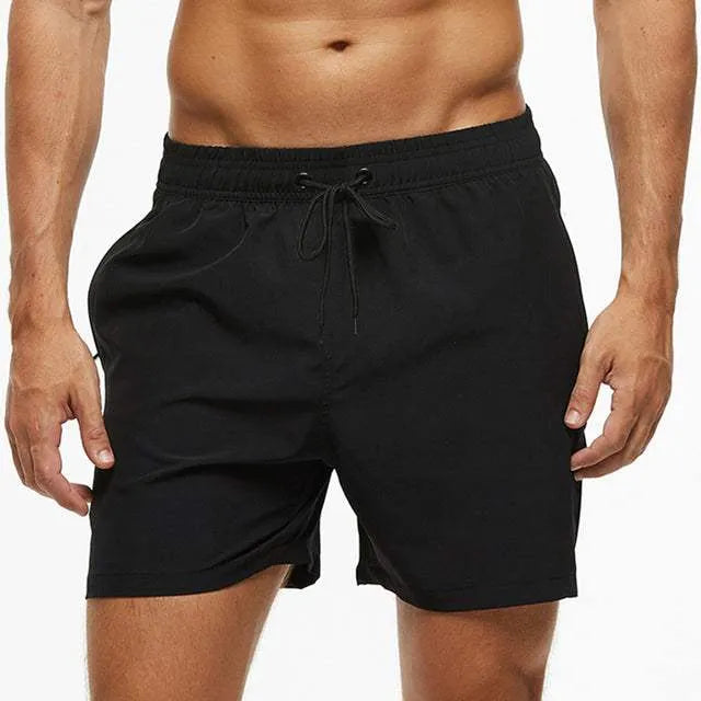Shorts da uomo neri, vita elasticizzata con laccio, tessuto leggero, ideale per sport e tempo libero. Design semplice e versatile.