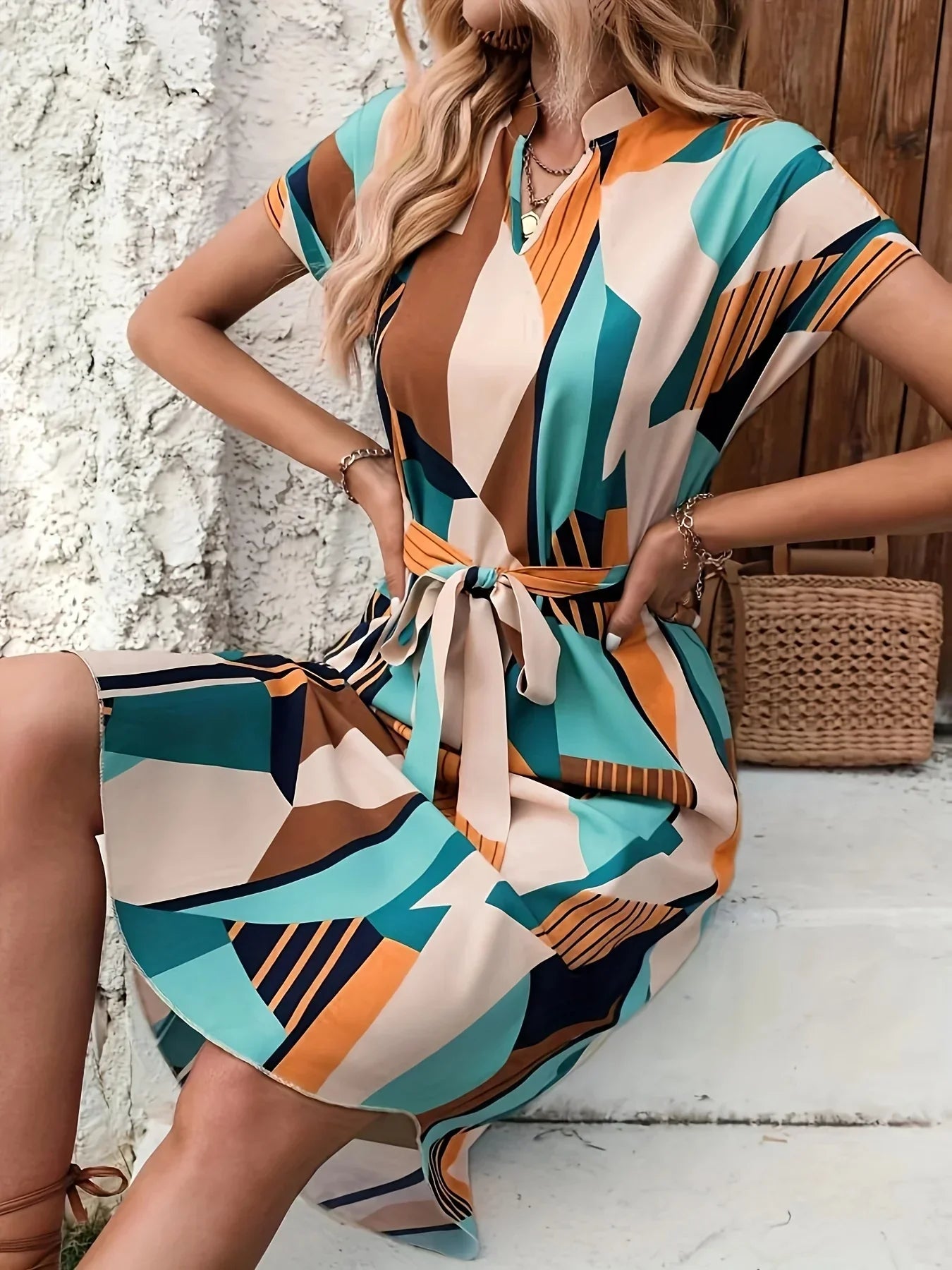 Vestito estivo geometrico multicolore con cintura, indossato da donna seduta. Moda femminile, abbigliamento casual elegante, tendenze 2023.