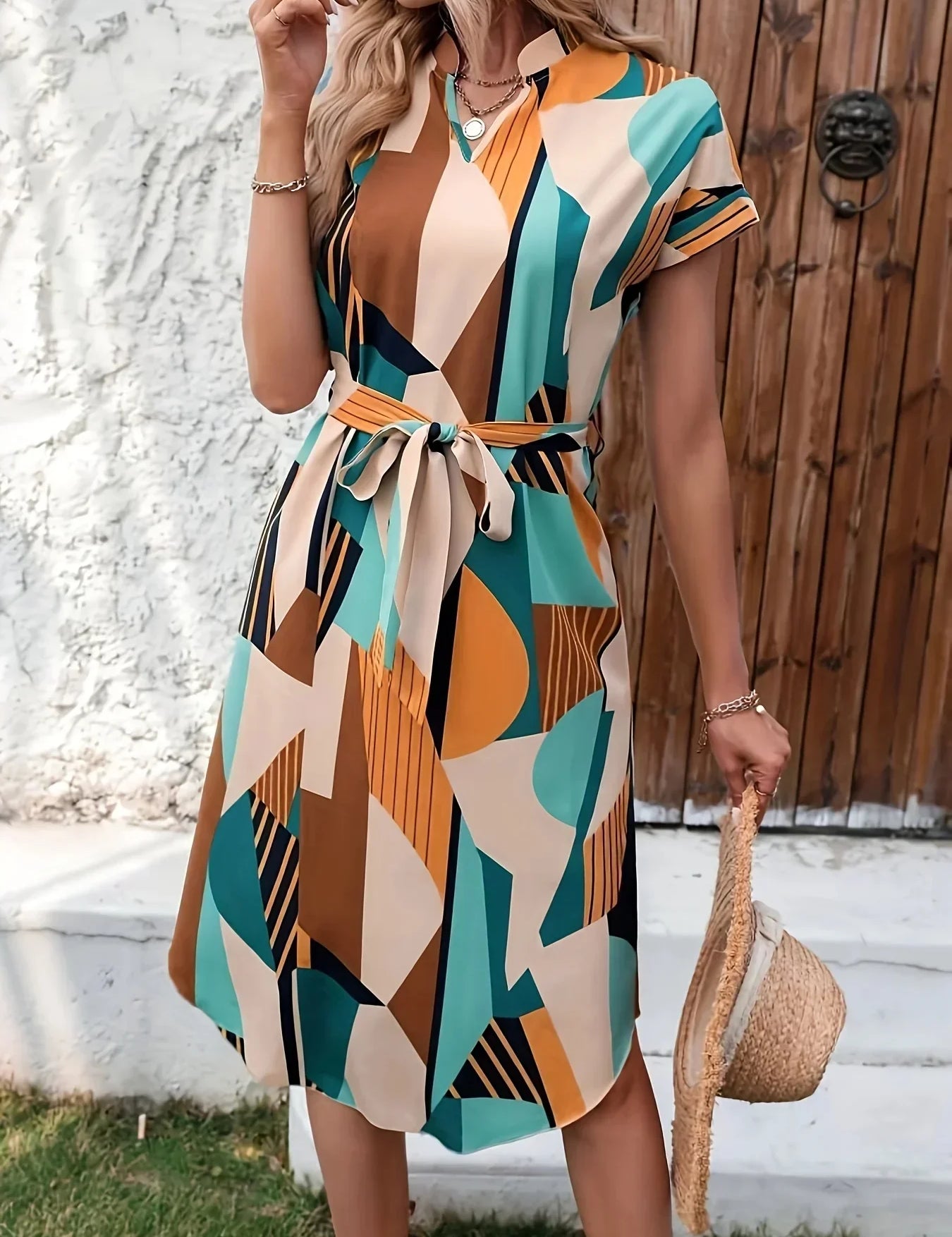 Abito estivo donna a maniche corte con stampa geometrica multicolore, cintura in vita, sfondo esterno, moda casual elegante.