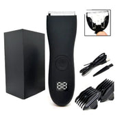 Tagliacapelli elettrico nero con display LED, accessori inclusi: pettini regolabili, cavo di ricarica USB, spazzola per pulizia, confezione elegante.