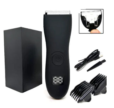 Tagliacapelli elettrico nero con display LED, accessori inclusi: pettini regolabili, cavo di ricarica USB, spazzola per pulizia, confezione elegante.