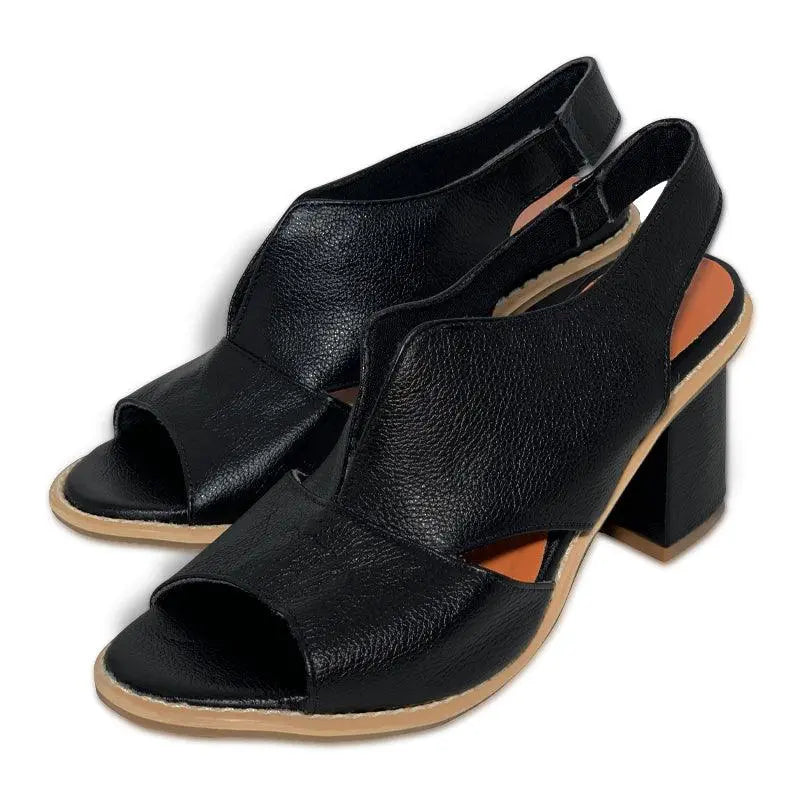 Sandali donna neri in pelle con tacco largo, design aperto, cinturino posteriore. Eleganti e comodi, ideali per l'estate e occasioni formali.